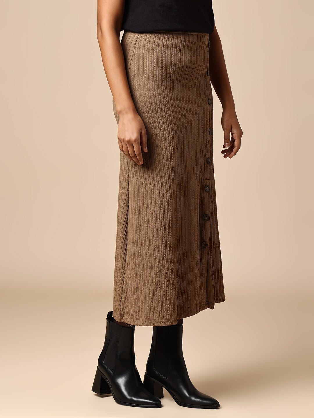 TEXTURED KNIT FAUX BUTTON DOWN FRONT SLIT SKIRT