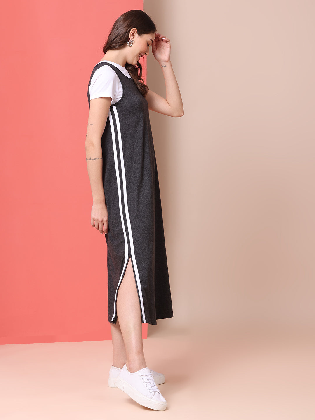 COTTON LYCRA DOUBLER DRESS W/ SPORTY SIDE STRIPES