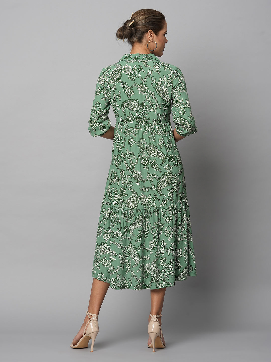 Noteched Collar Printed Viscose Tiered Dress