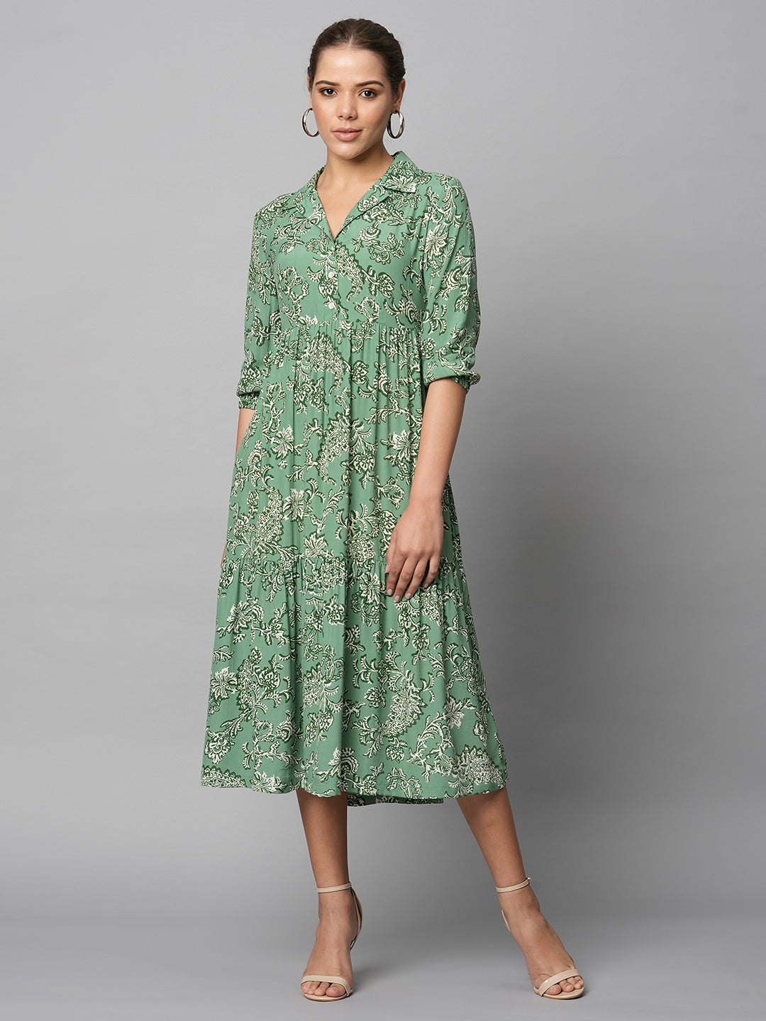 Noteched Collar Printed Viscose Tiered Dress