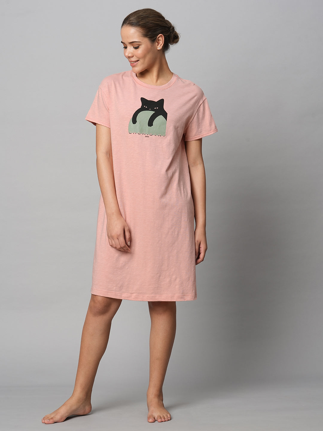 Cotton Slub Jersey Cat Print Tee Dress