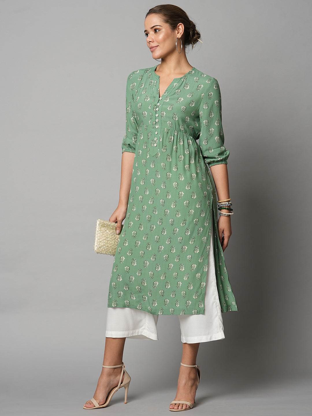 Butti Printed Viscose Crepe Basque Style Kurta & Wide Leg Pj Set