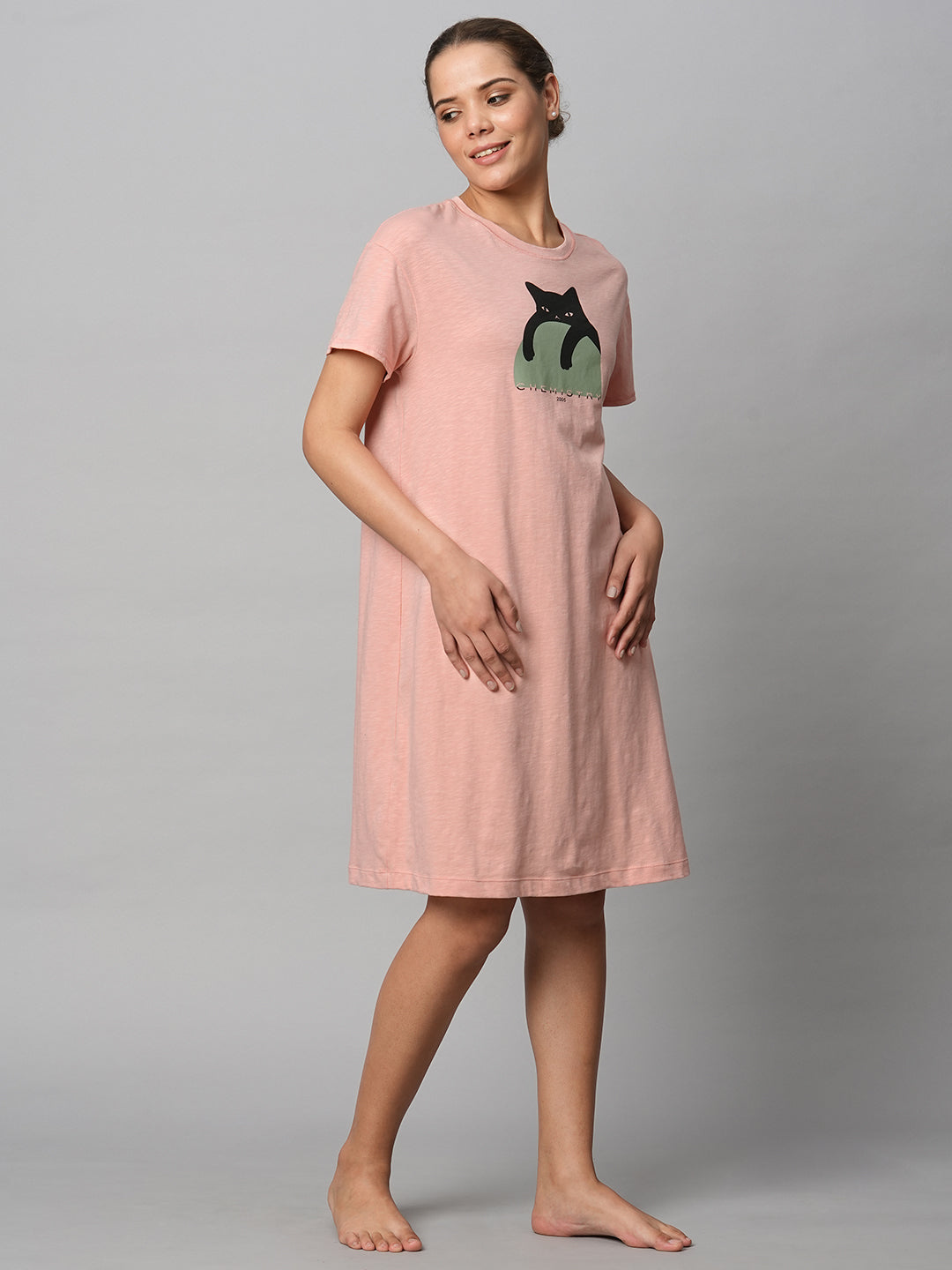 Cotton Slub Jersey Cat Print Tee Dress