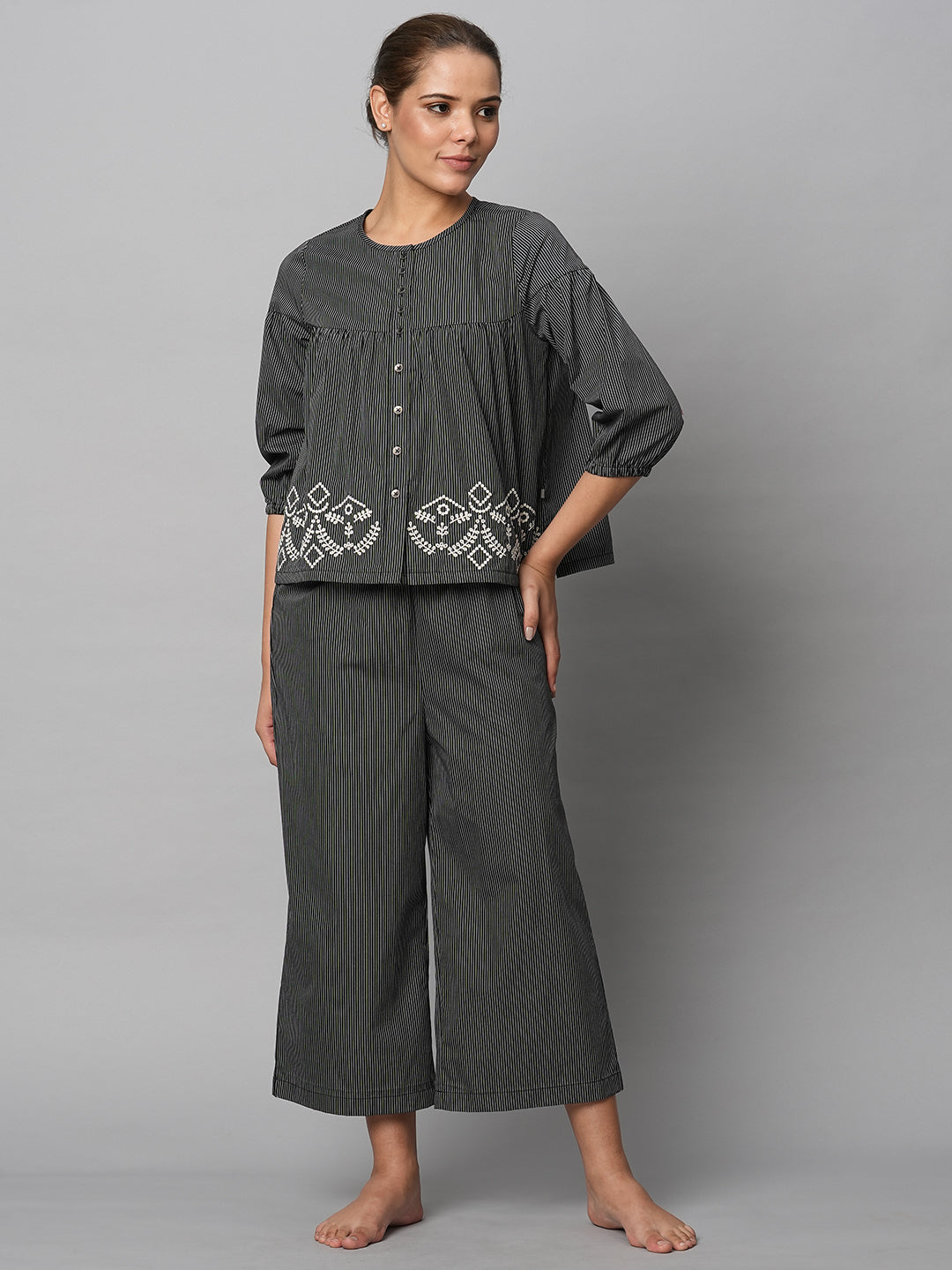 Cotton Striped Embroidered Swing Top And Wide Leg Lounge Set