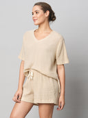 CRINKLE DOUBLE CREPE COTTON DROP SHOULDER TOP & SHORTS SET