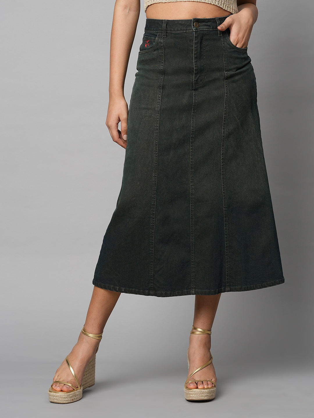 DIRTY WASH DENIM PANELLED FIT N FLARE SKIRT