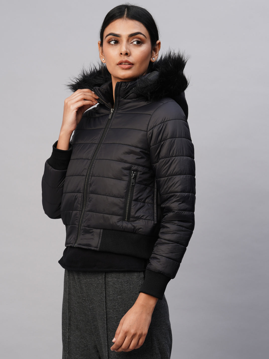 PUFFER BOMBER W/ FAUX FUR LINED HOODIE