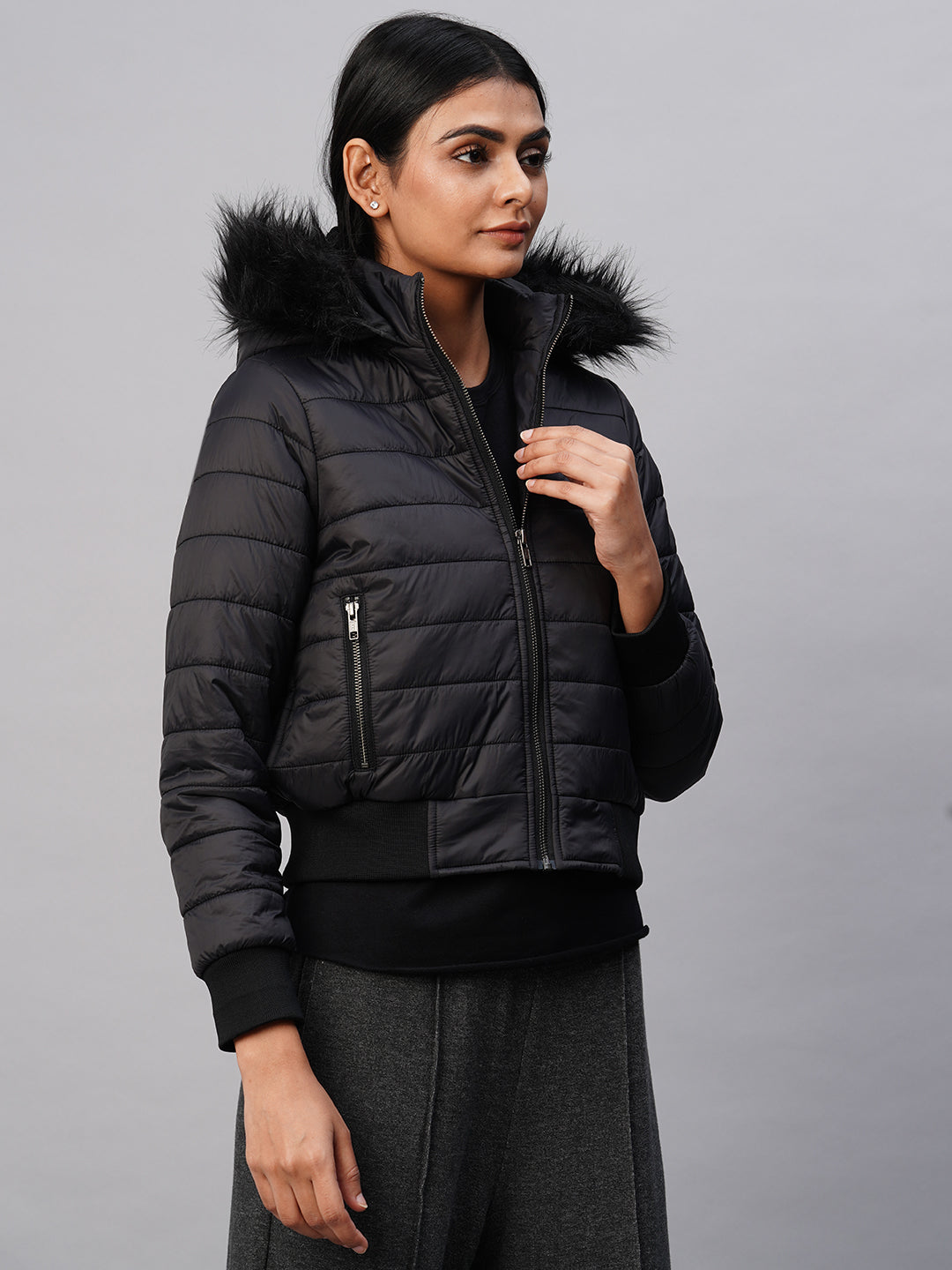 PUFFER BOMBER W/ FAUX FUR LINED HOODIE
