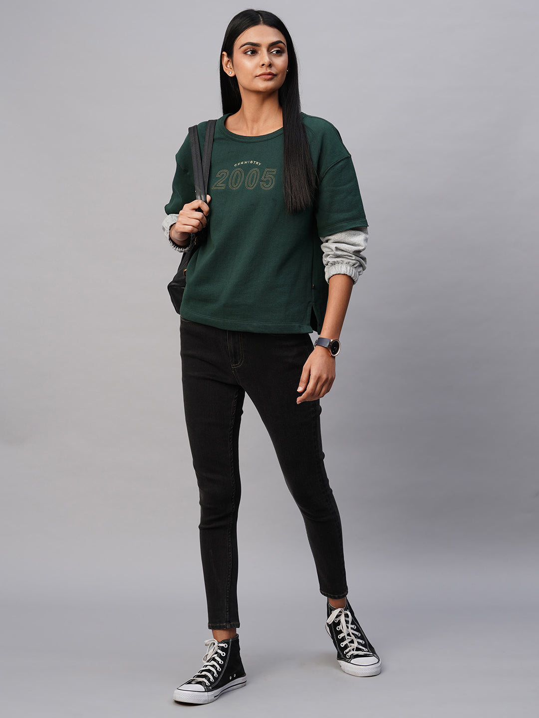 FRENCH TERRY EMBROIDERED SWEATSHIRT W/ FAUX DOUBLER DETAIL SLEEVES