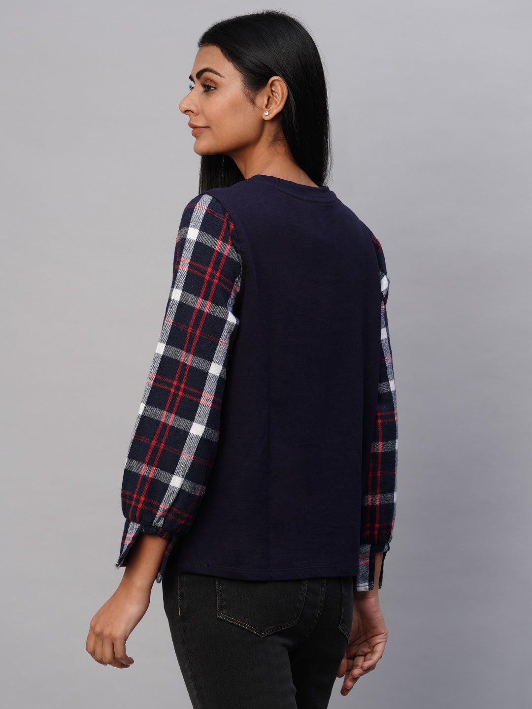 French Terry Sweatshirt With Brushed Plaid Cuffed Sleeves