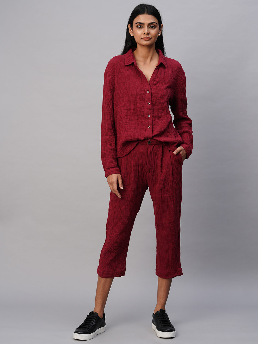 Crinkle Double Cloth Shirt & Pleated Cropped Pant Co-Ord Set
