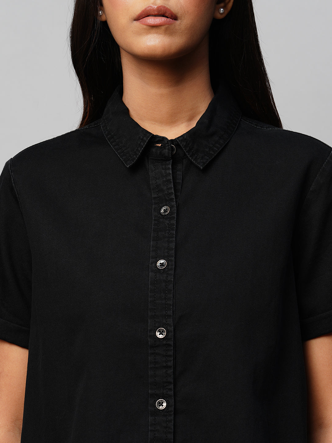 Cropped Black Denim Shirt
