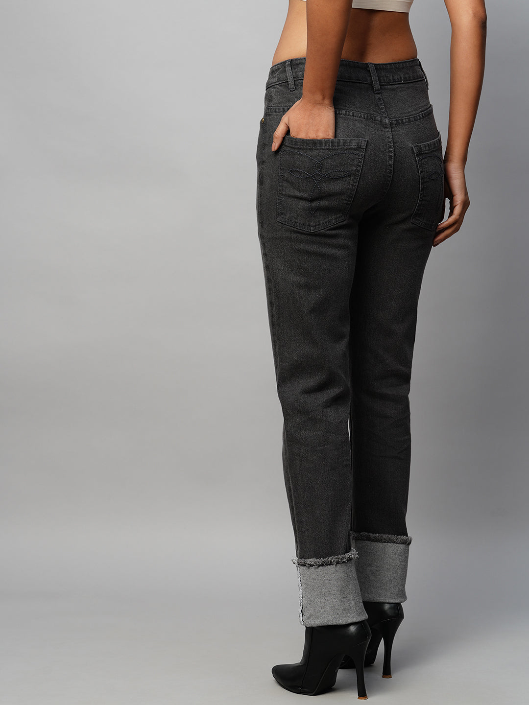 Black Denim Mid Rise Straight Leg Jeans W/ Turn Up Cuffs