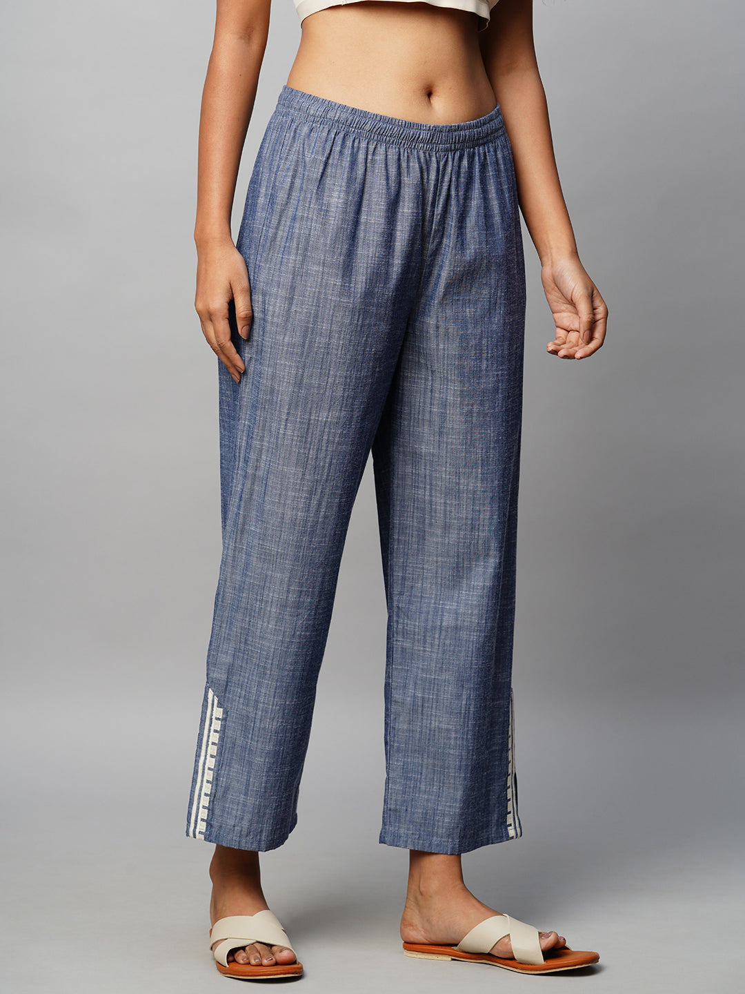 Crosshatch Cotton Chambray Pull On Pants With Embroidered Side Slits
