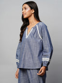 Crosshatch Cotton Chambray Embroidered Raglan Sleeve Tunic Top
