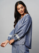 Crosshatch Cotton Chambray Embroidered Raglan Sleeve Tunic Top