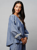 Crosshatch Cotton Chambray Embroidered Raglan Sleeve Tunic Top
