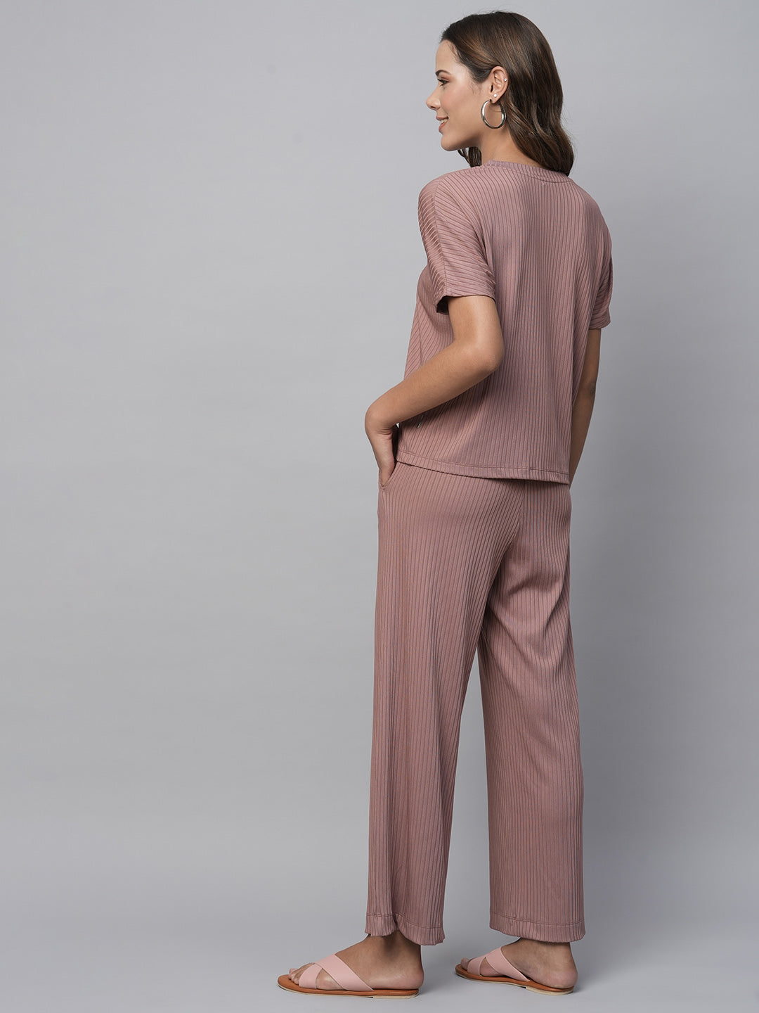 Ribbed Knit Longline Tee And Wide Leg "Airport Look Co-Ord Set"