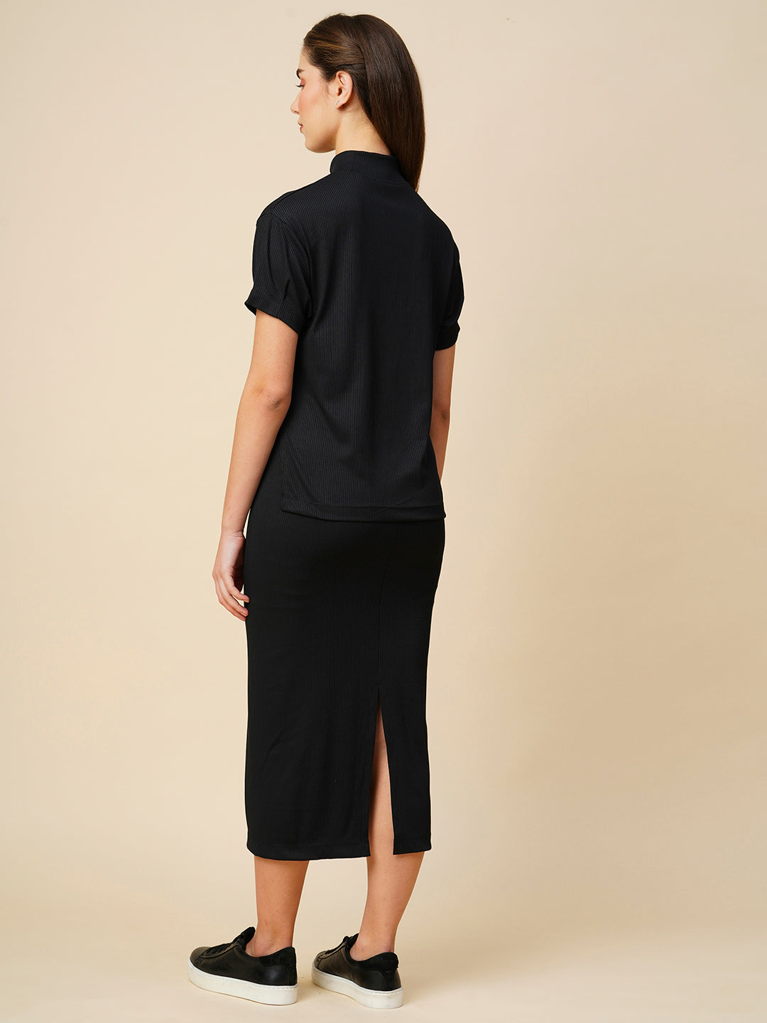Ribbed Knit High Neck Tee And Fitted Skirt "Airport Look Co-Ord Set"