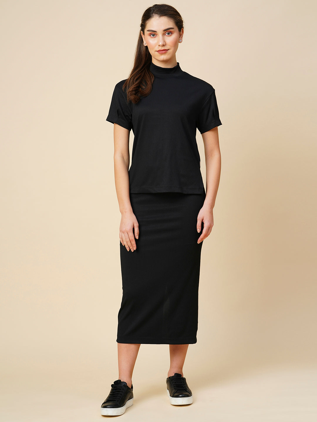 Ribbed Knit High Neck Tee And Fitted Skirt "Airport Look Co-Ord Set"