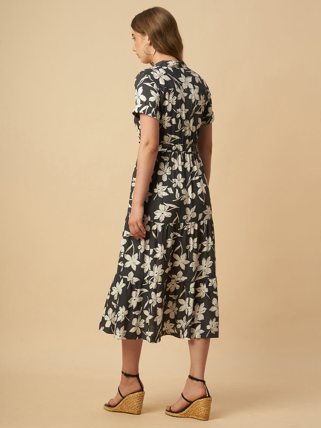FLORAL PRINTED RAYON TIERED DRESS