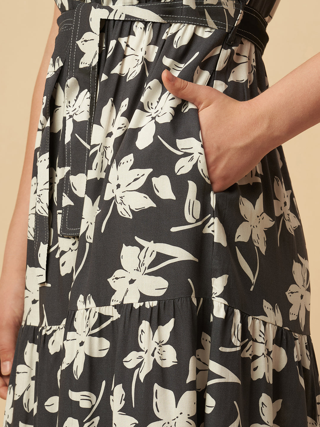 FLORAL PRINTED RAYON TIERED DRESS