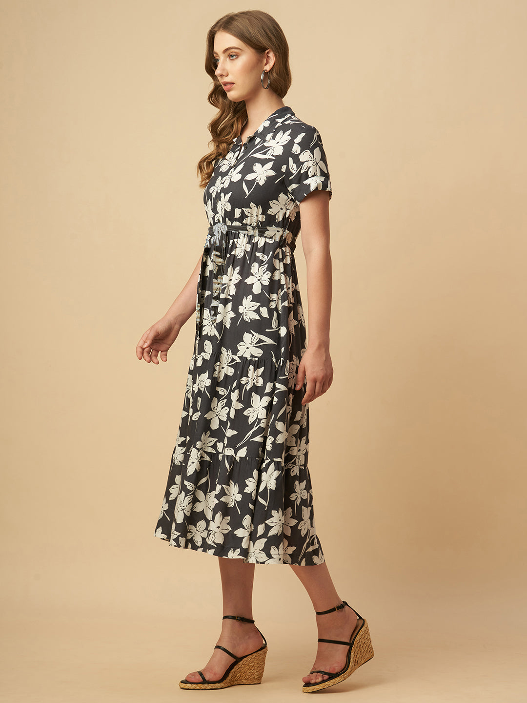 FLORAL PRINTED RAYON TIERED DRESS