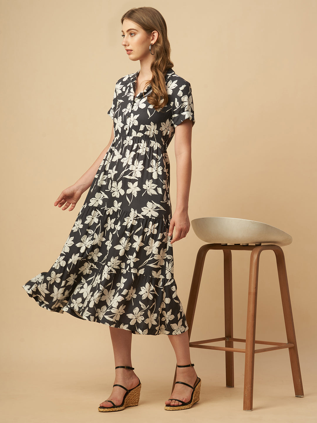 FLORAL PRINTED RAYON TIERED DRESS