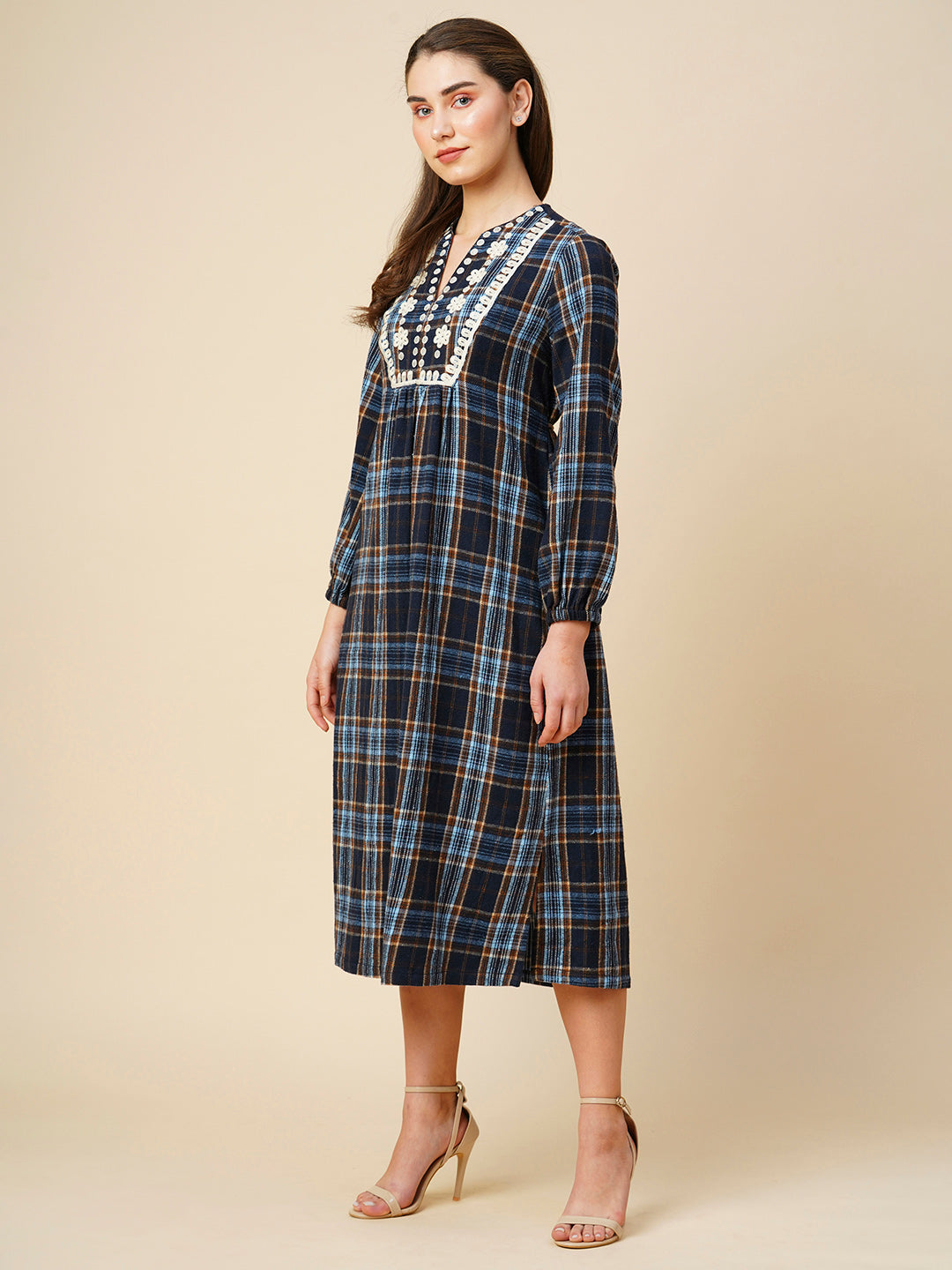 Brushed Flannel Embroidered Tunic Dress W/ Back Tie Up