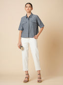COTTON CHAMBRAY OVERSIZED CROPPED SHIRT