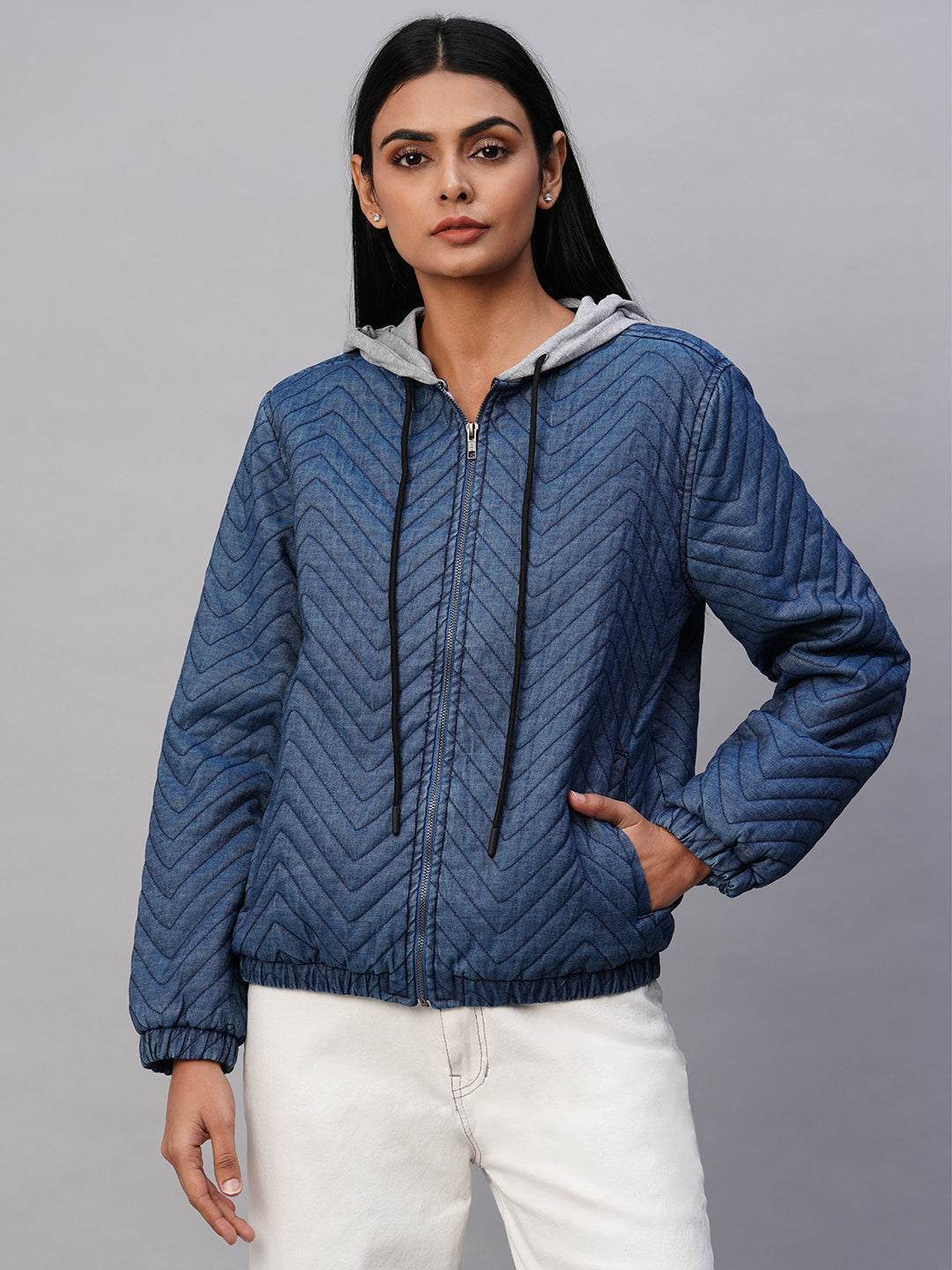 Quilted Denim Lined Zippered Hoodie