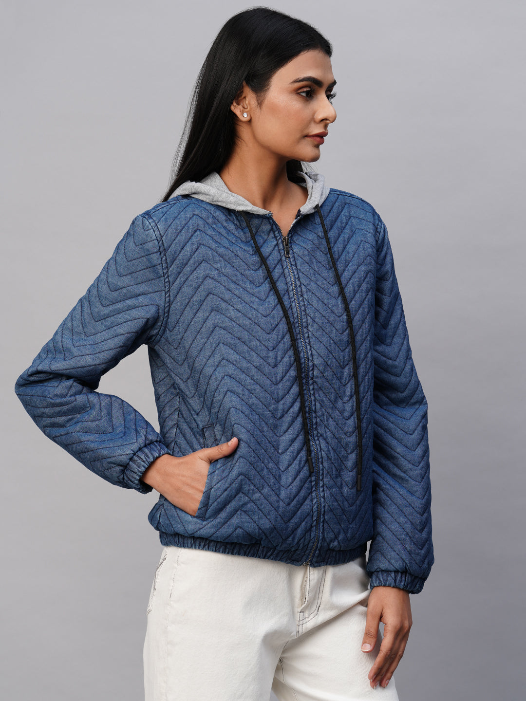 Quilted Denim Lined Zippered Hoodie