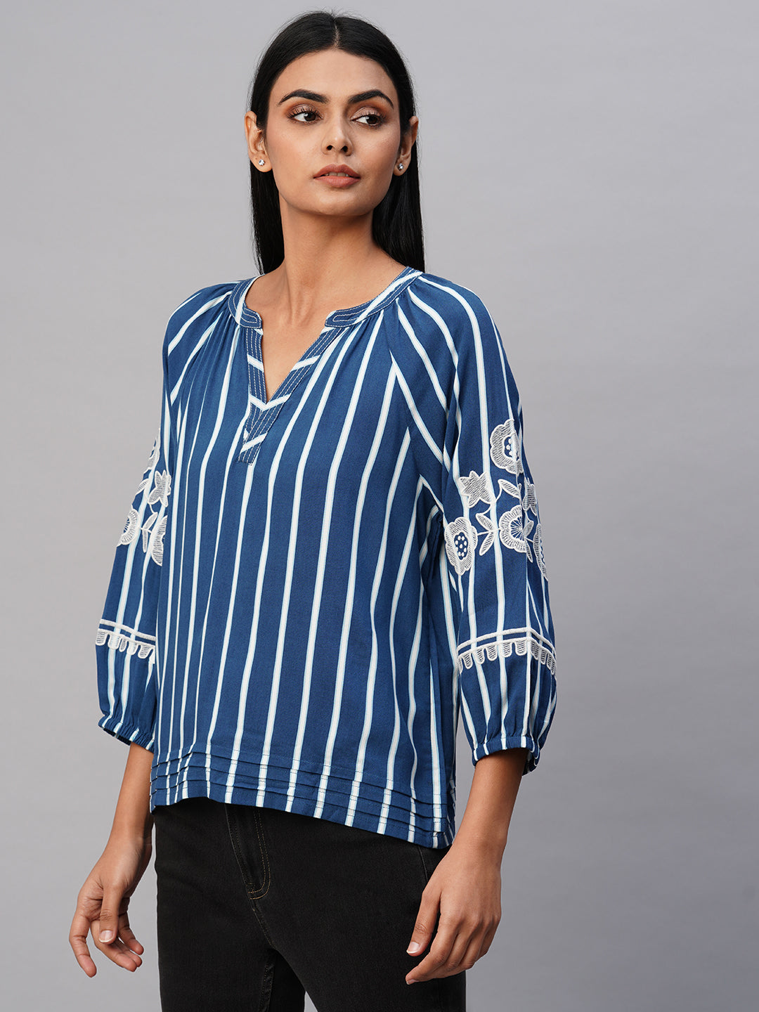 Printed Stripes Viscose Tunic Top W/ Embroidered Sleeves