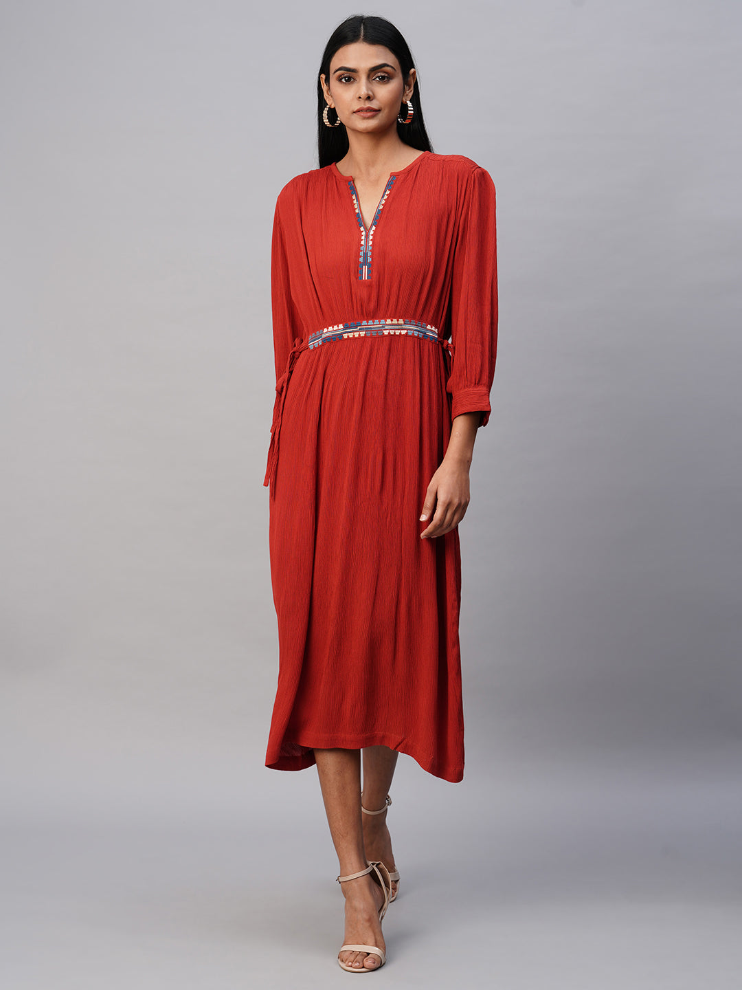 Crinkle Rayon Embroidered Tunic Dress