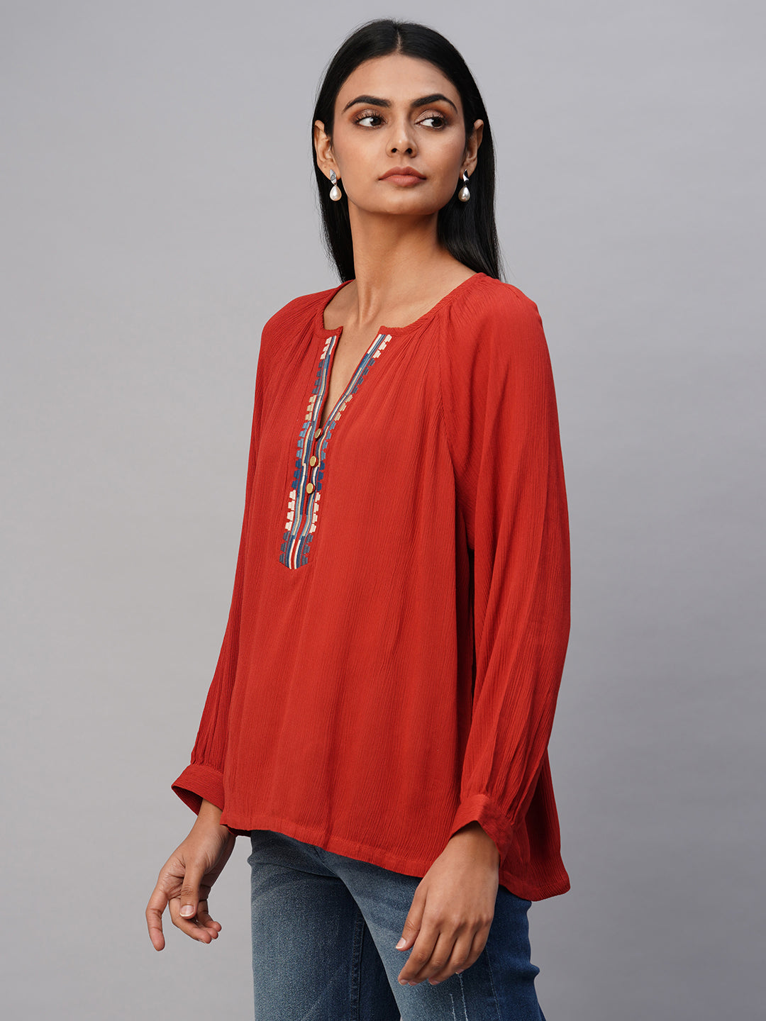 Crinkle Rayon Embroidered Tunic Top