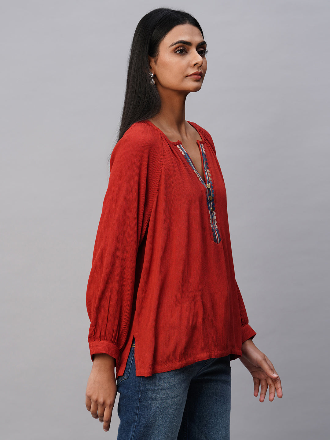 Crinkle Rayon Embroidered Tunic Top