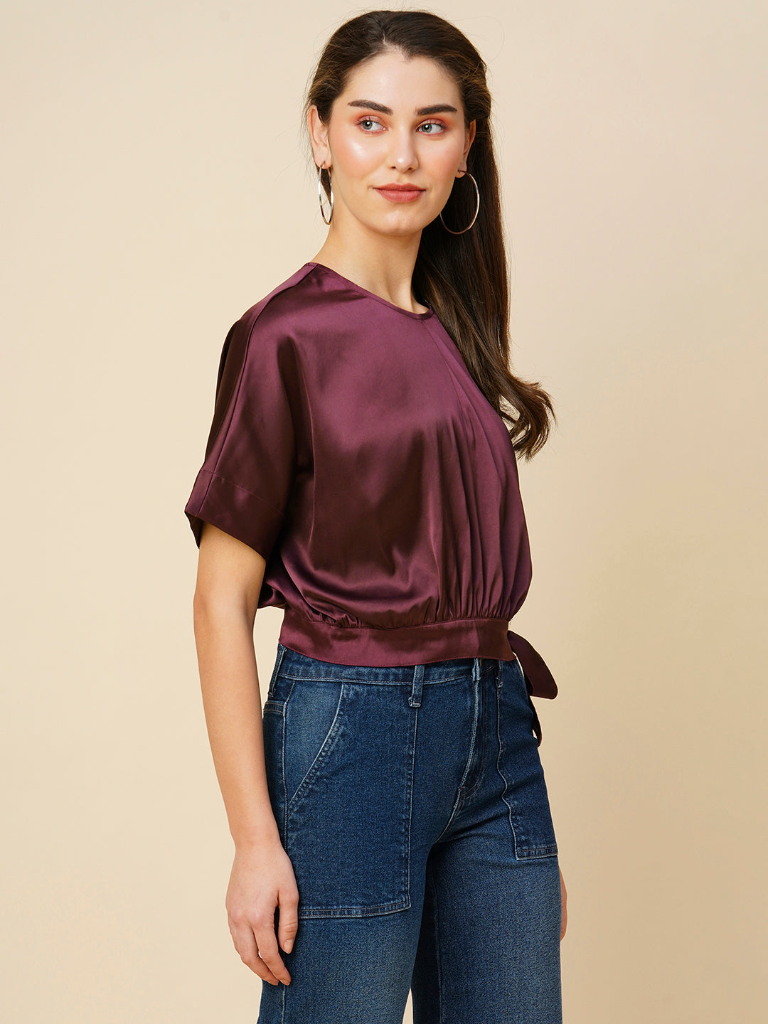 Satin Lycra Drop Shoulder Cropped Banded Blouson