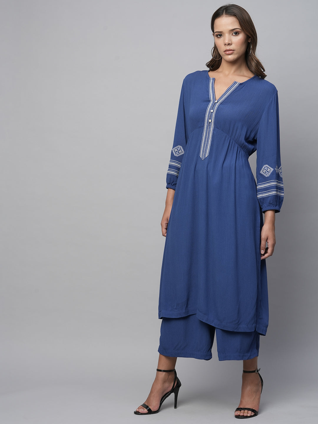 Crinkle Rayon Embroidered Synched Basque Top & Wide Leg Kurta Set