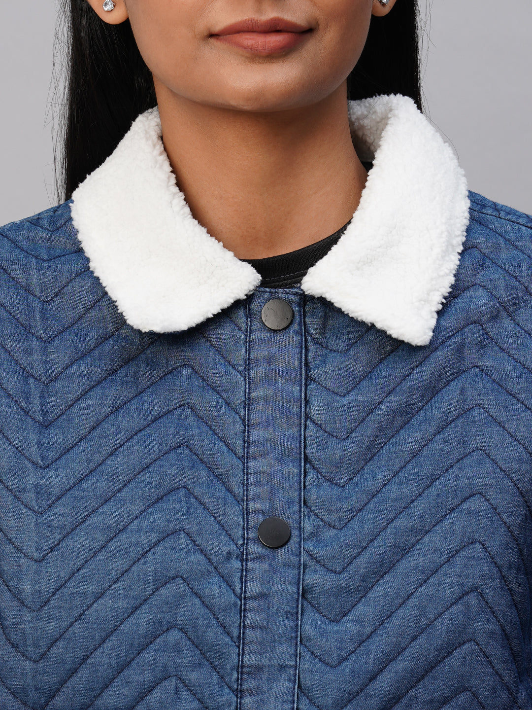 Quilted Denim Lined Bomber W/ Snap Buttons & Sherpa Collar