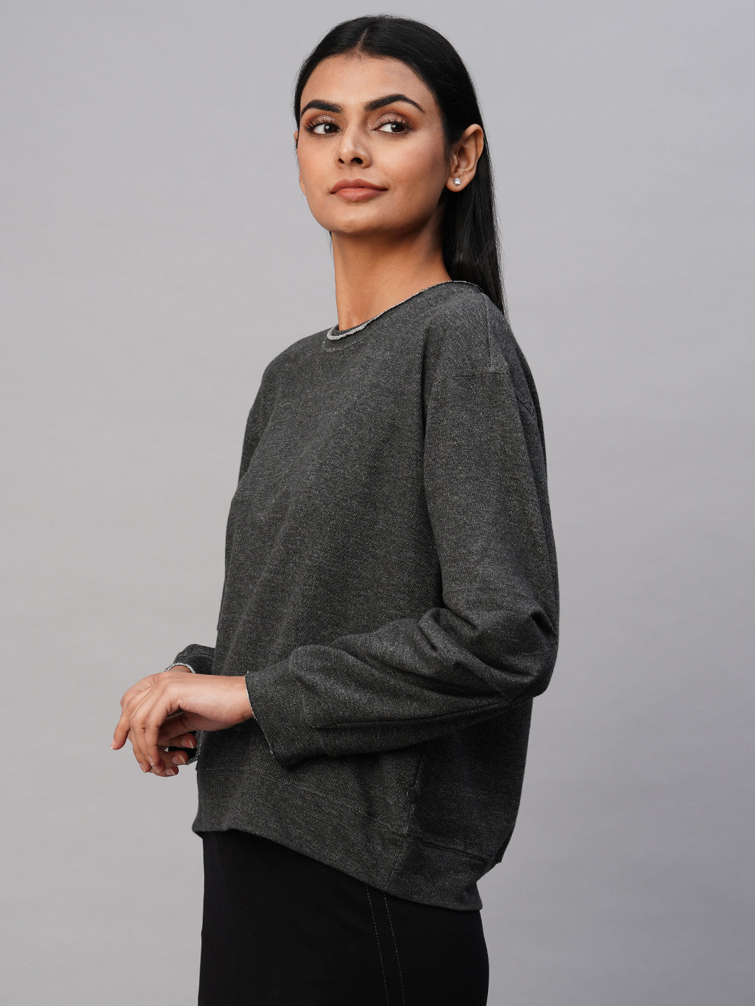 Stippled French Terry Drop Shoulder Sweatshirt W/ Tucked Detailed Sleeves