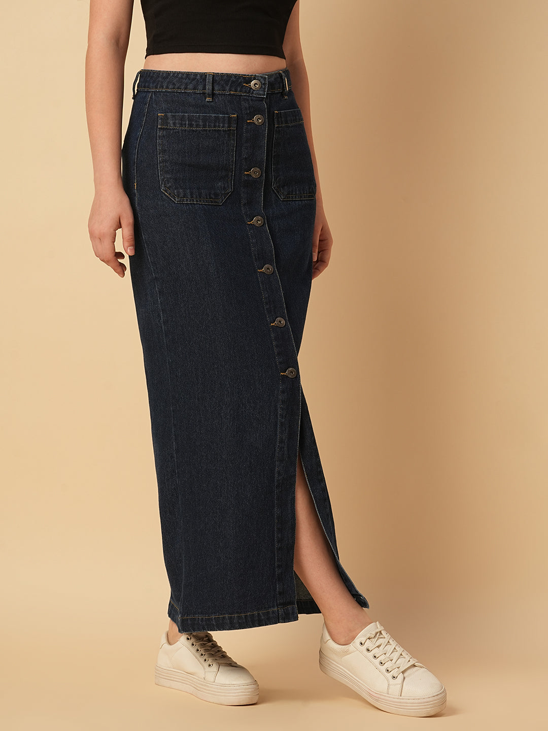 BUTTON DOWN DENIM MAXI SKIRT