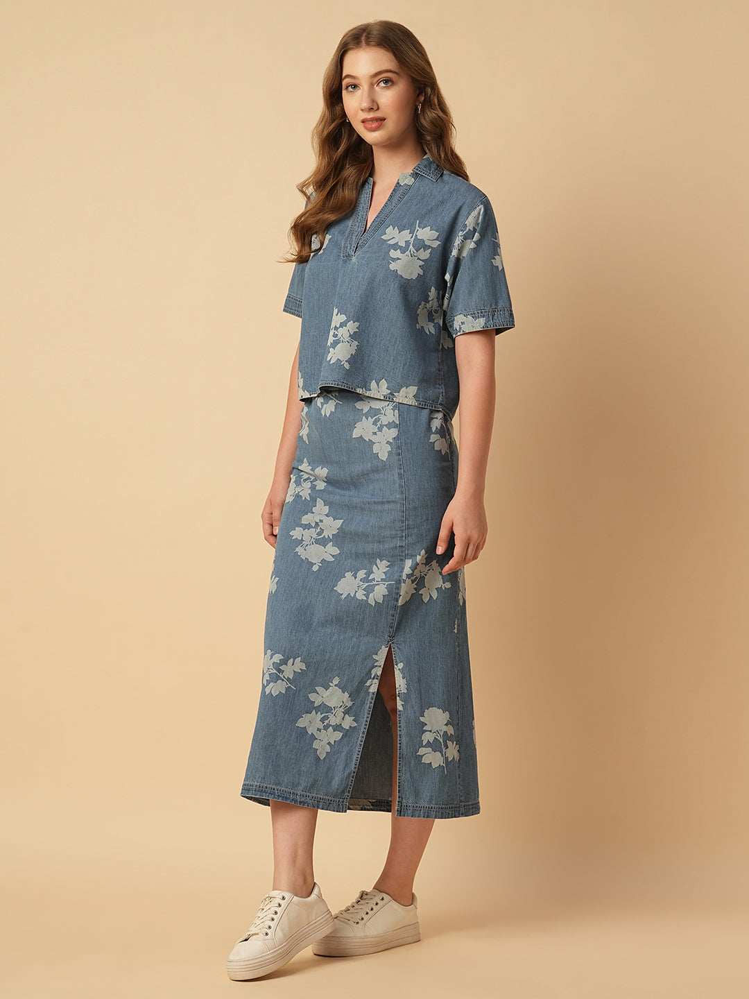 PRINTED DENIM POP OVER TOP & SKIRT CO-ORD SET