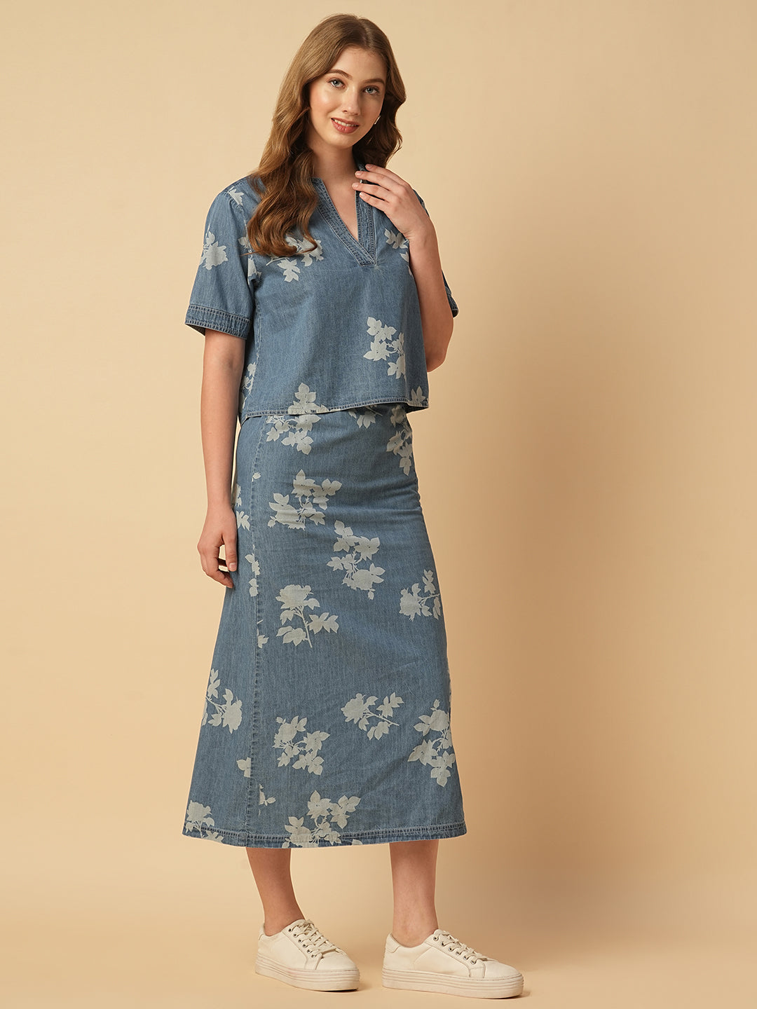 PRINTED DENIM POP OVER TOP & SKIRT CO-ORD SET