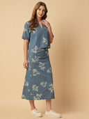 PRINTED DENIM POP OVER TOP & SKIRT CO-ORD SET
