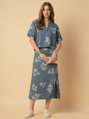 PRINTED DENIM POP OVER TOP & SKIRT CO-ORD SET