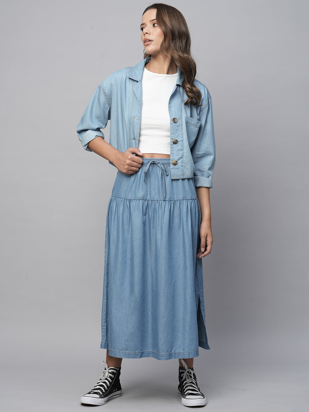 Cotton Tencel Denim Pull On Flared Skirt