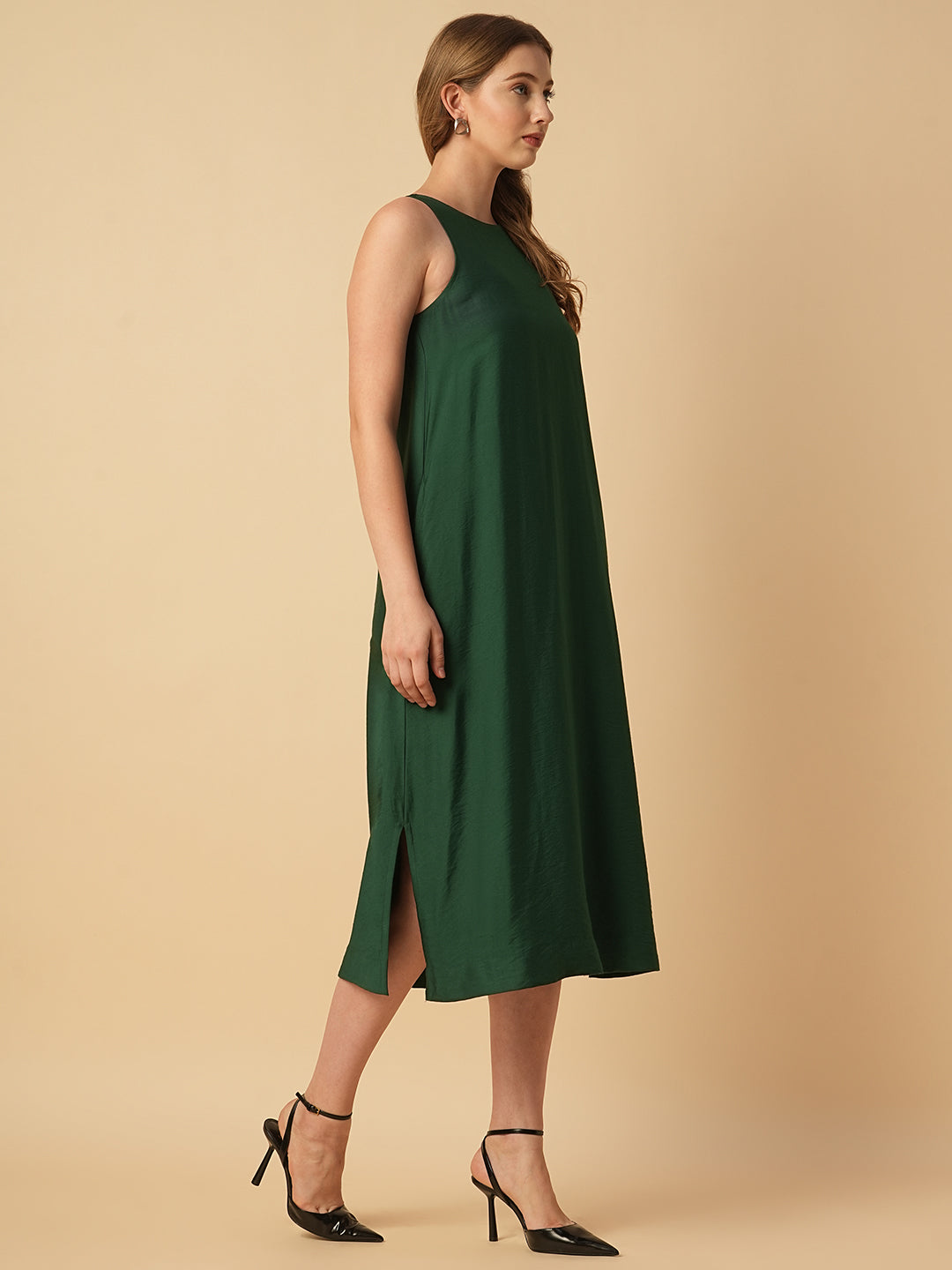 VISCOSE TWILL INCUT A-LINE DRESS W/ SIDE SLITS