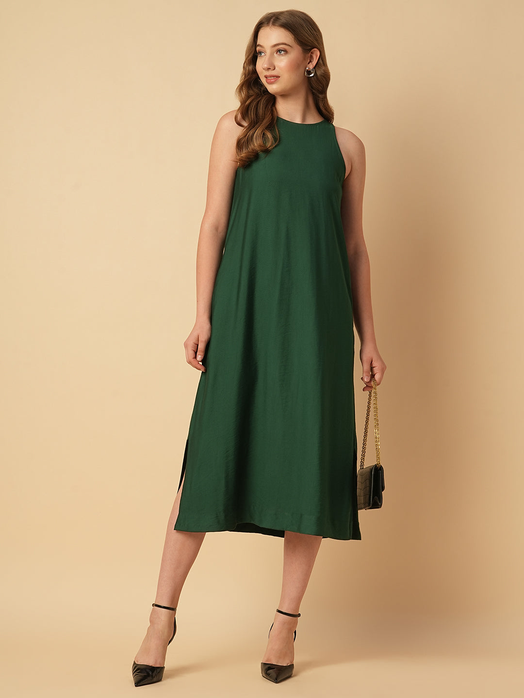VISCOSE TWILL INCUT A-LINE DRESS W/ SIDE SLITS