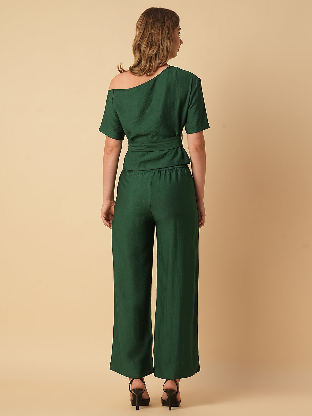 VISCOSE TWILL ONE SHOULDER BELTED TOP & PULL ON TROUSER CO-ORD SET