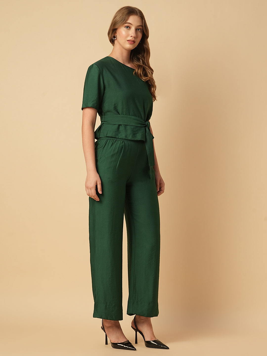 VISCOSE TWILL ONE SHOULDER BELTED TOP & PULL ON TROUSER CO-ORD SET